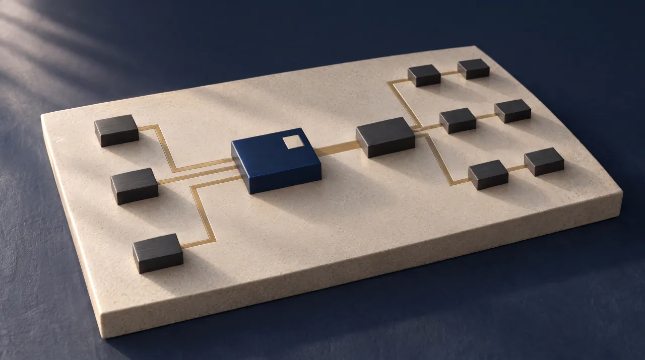 Precision-machined navy and charcoal blocks on a limestone slab, linked by inlaid brass tracks: three direct to customers, and one through a hub to partners and their customers.
