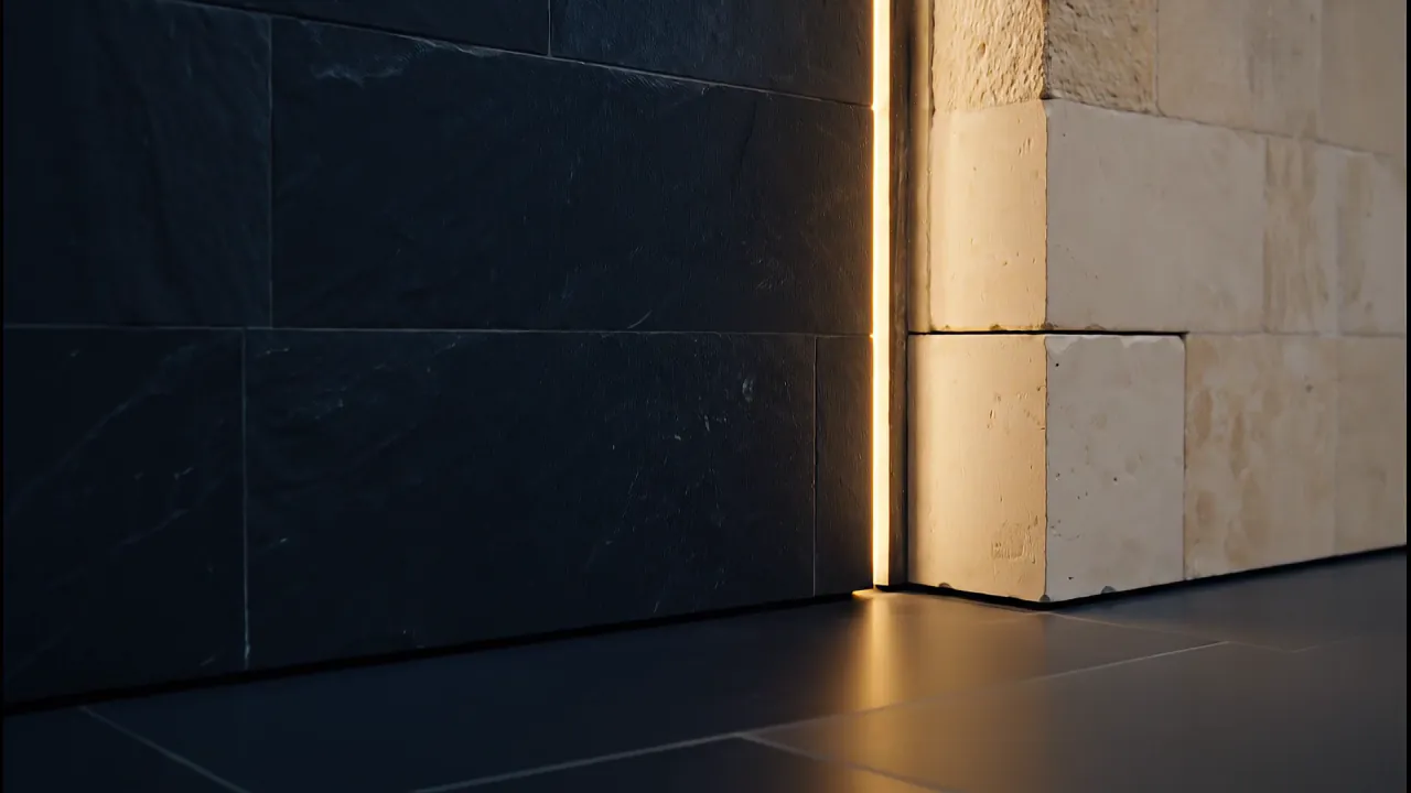 A line of gold light meeting a dark stone floor where a navy wall joins a limestone wall