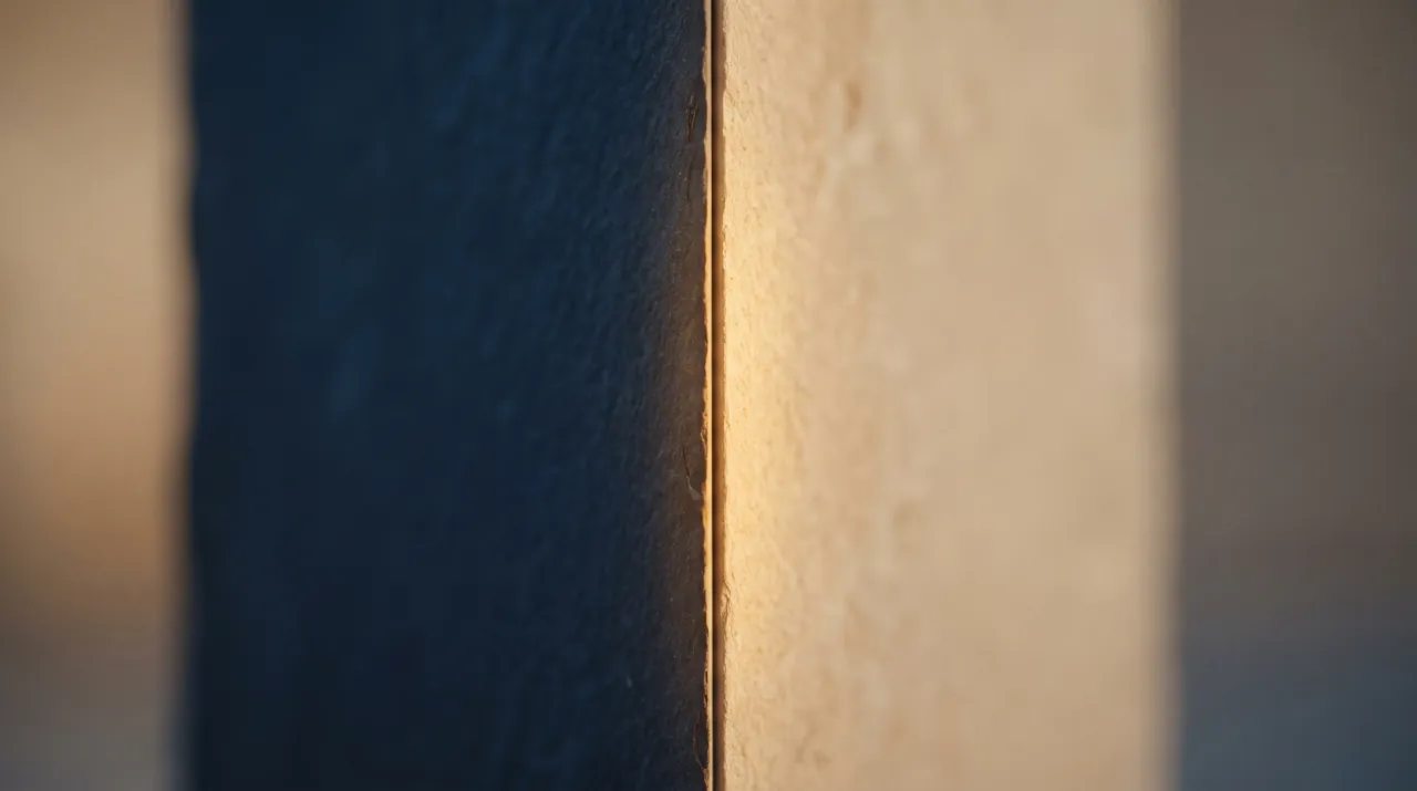 Close view of a navy stone and a limestone block meeting along a thin line of gold light